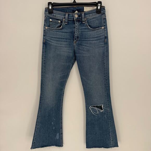 RAG & BONE JEAN 10 Inch Crop Flare Distressed Blue Denim Jeans Size 25 - Picture 1 of 7